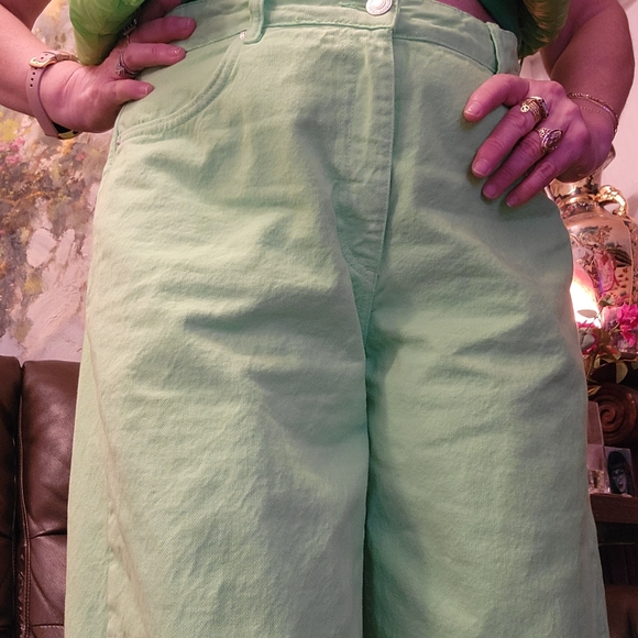 Zara Jeans New Mid-Rise Loose " THE BOOGIE PANT"  Neon Green Super Wide Leg - Picture 4 of 8